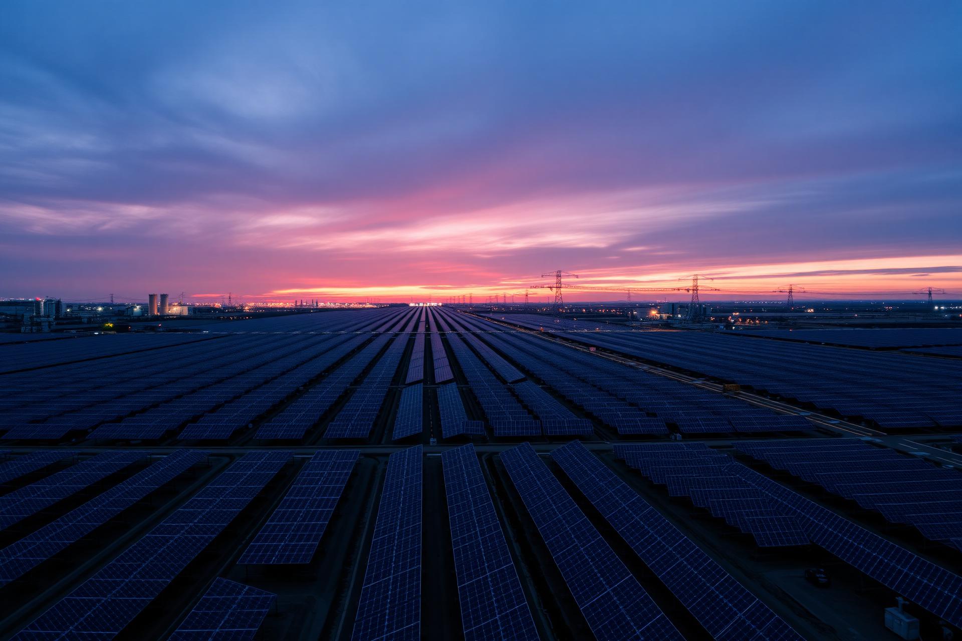 Utility scale solar farm at dusk