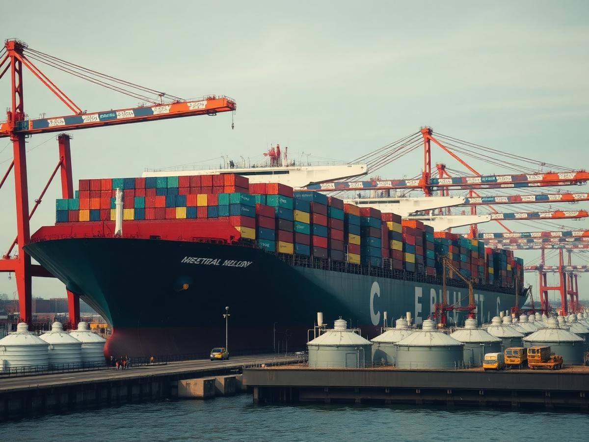 Container ship at a shipping port