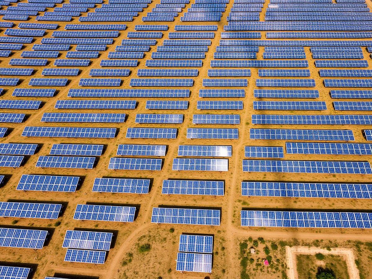 Aerial view of a large solar farm